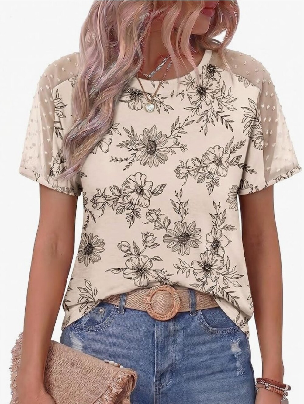 Floral See-Through Dot Sleeve Tee - Beige
